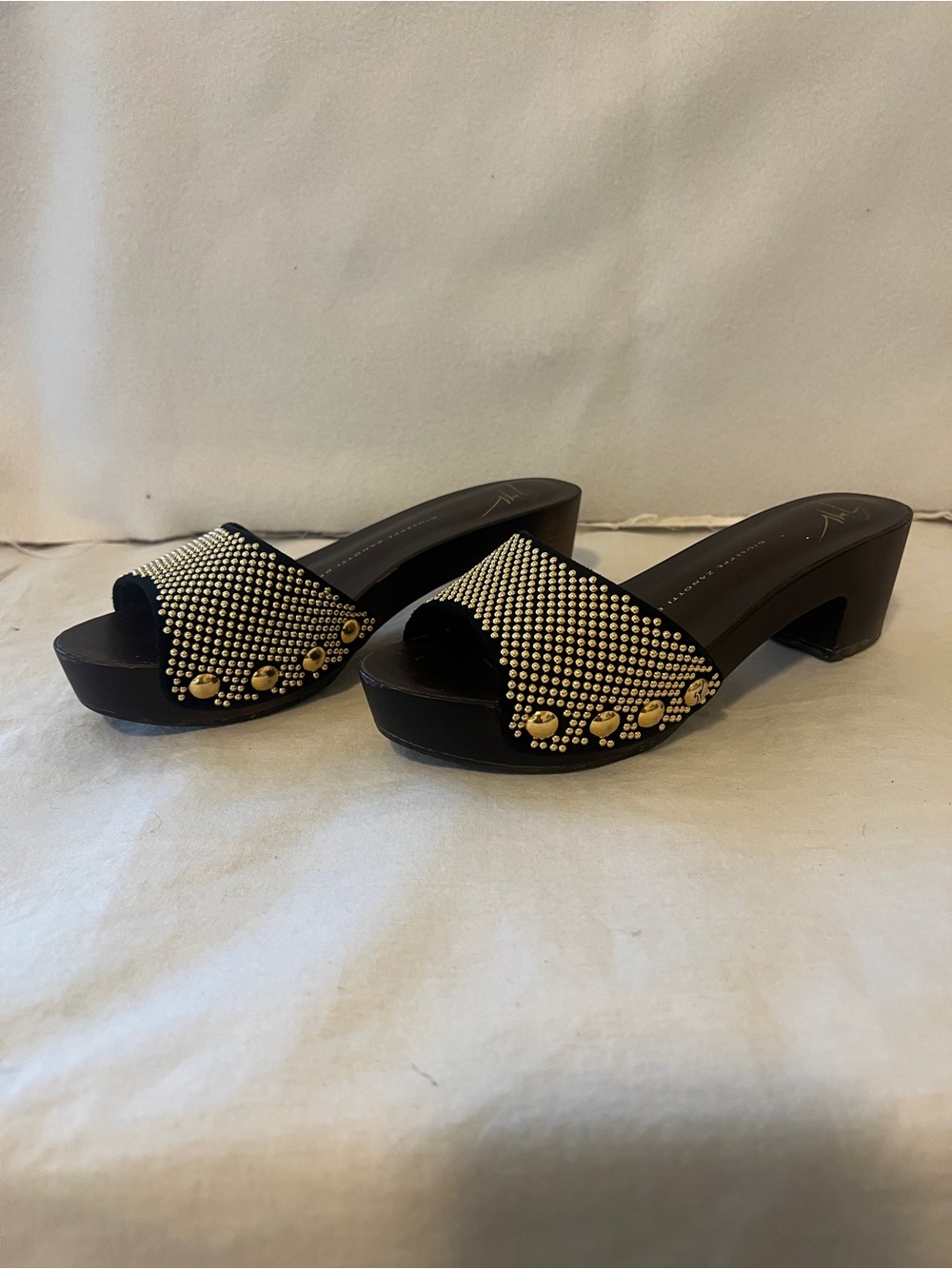 Studded Black Slide Heels with Gold Accents